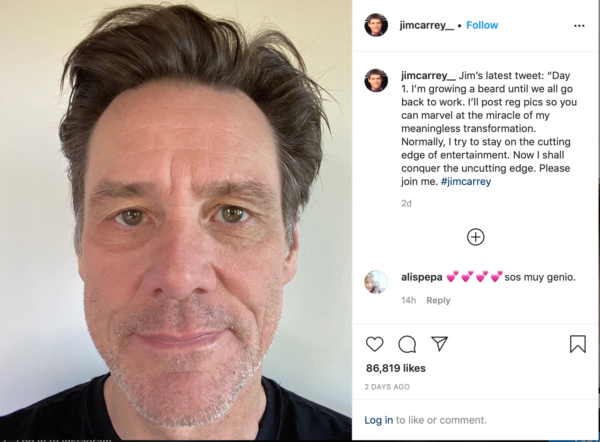 Jim Carey's instagram post on growing his beard during isolation for Covid-19