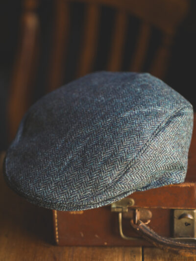 Dents Abraham Moon - Herringbone Tweed Flat Cap Navy