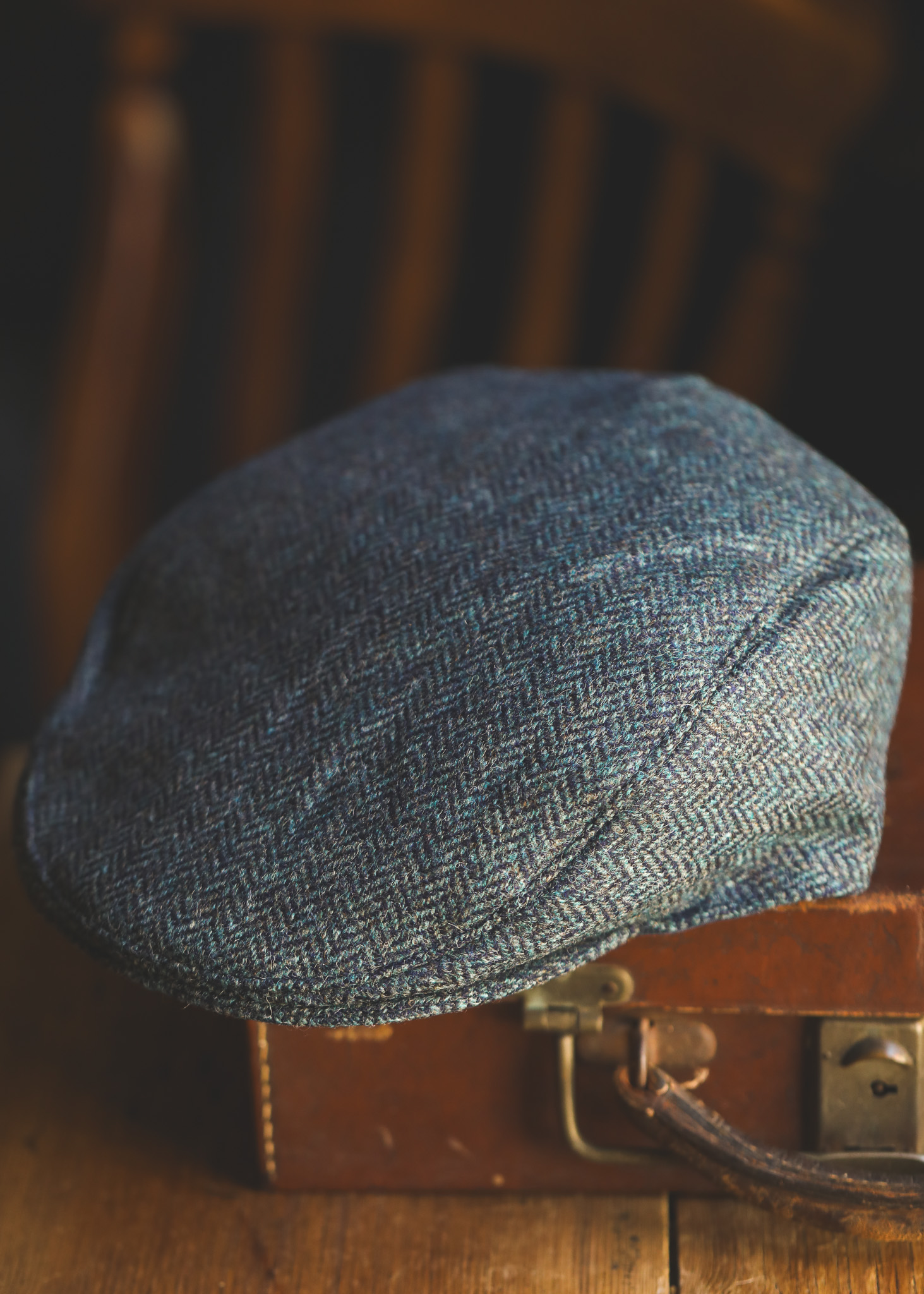 Dents Abraham Moon - Herringbone Tweed Flat Cap Navy