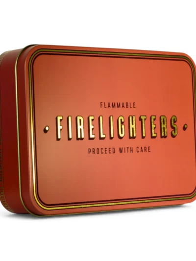 Beautiful steel firefighter storage tin in Burnt Orange with gold text.