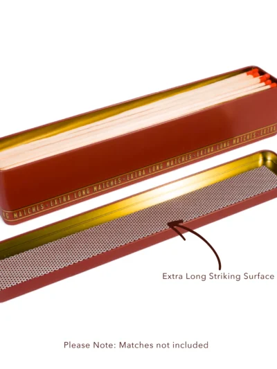 Burgundy storage tin for Extra Long Matches. Gold Text and interior. Inside of the lid includes a striker strip.