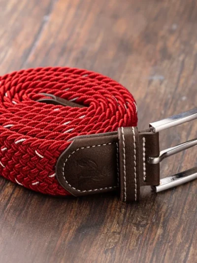 Swole Panda woven belt made from recycled plastic bottles. Red with White dots in a diamond pattern.