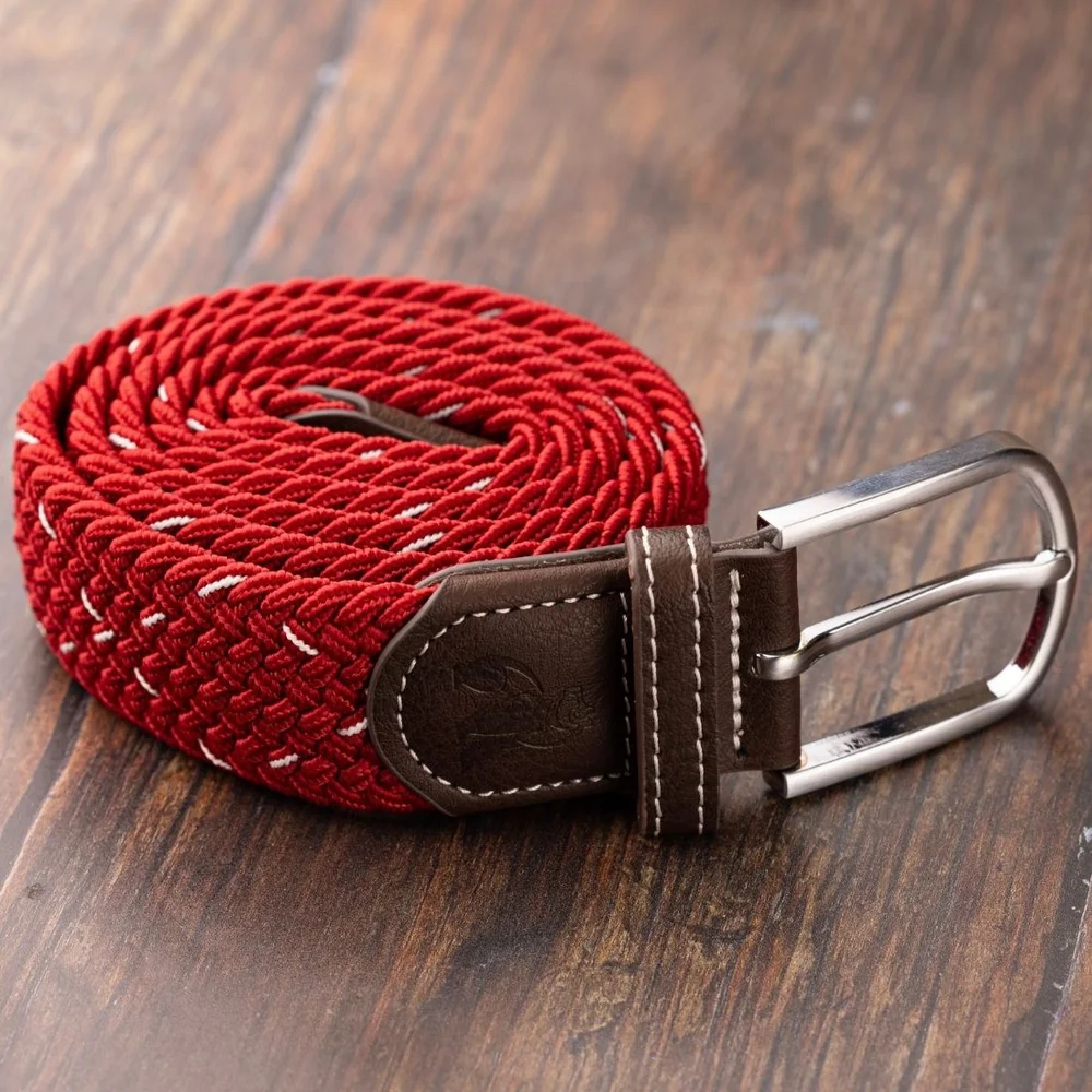 Swole Panda woven belt made from recycled plastic bottles. Red with White dots in a diamond pattern.