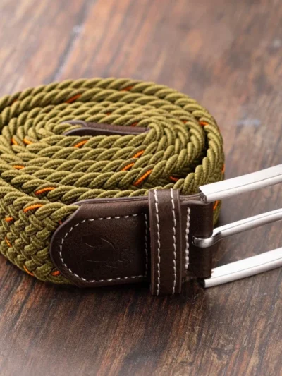 Woven belt in Khaki with orange dots in a diamond pattern