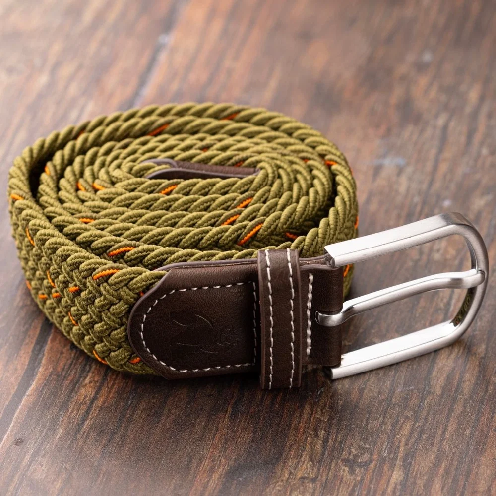 Woven belt in Khaki with orange dots in a diamond pattern