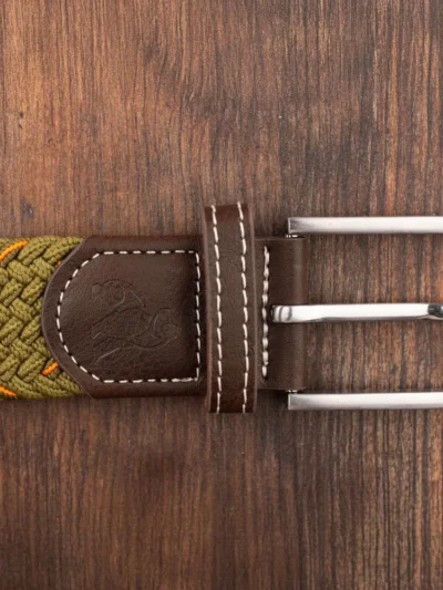 Woven belt in Khaki with orange dots in a diamond pattern