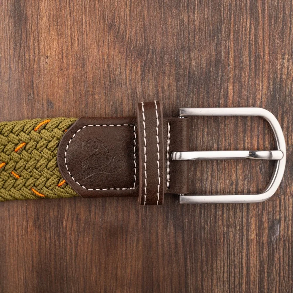 Woven belt in Khaki with orange dots in a diamond pattern
