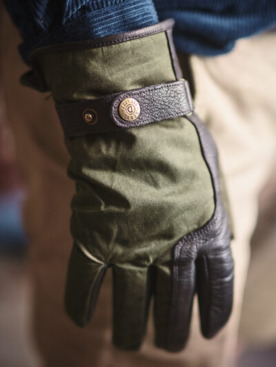 Olive green waxed cotton black leather mens gloves