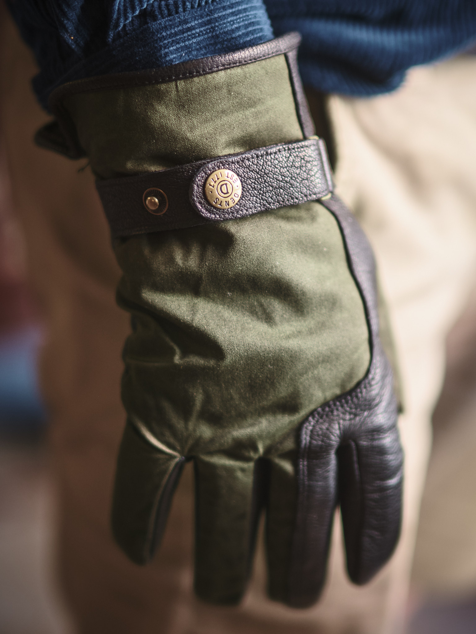 Olive green waxed cotton black leather mens gloves