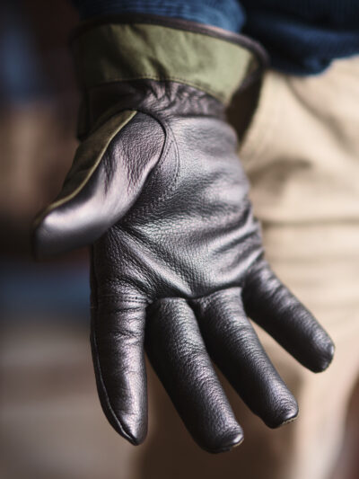 Olive green waxed cotton black leather mens gloves