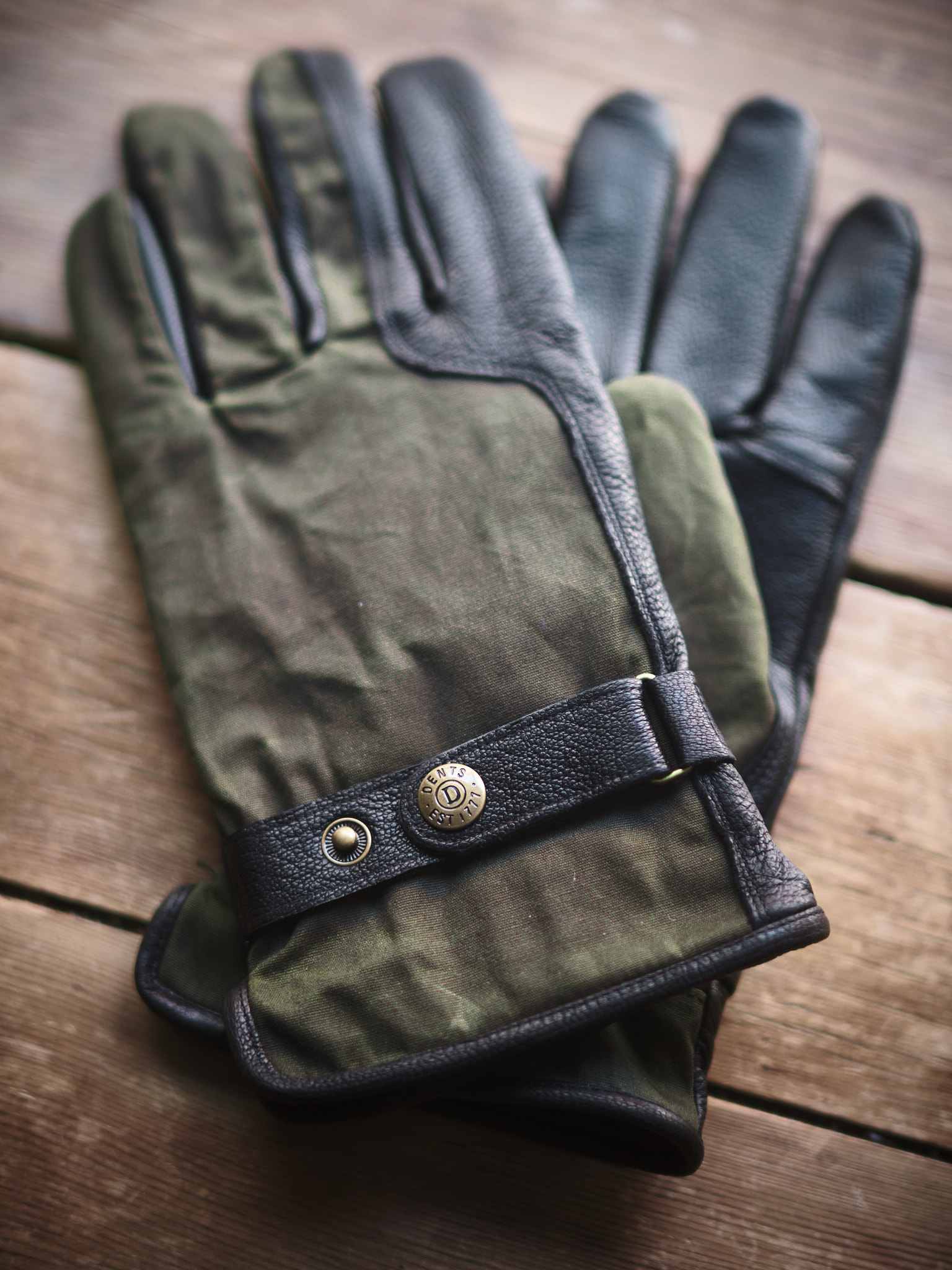 Olive green waxed cotton black leather mens gloves