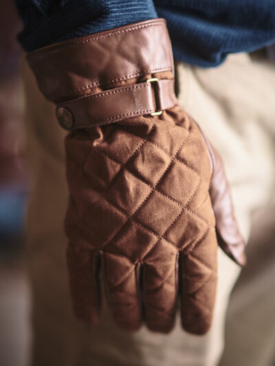 Brown waxed cotton leather mens gloves