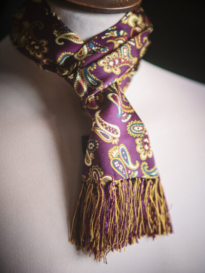 Tootal silk scarf in wine and gold with a paisley design