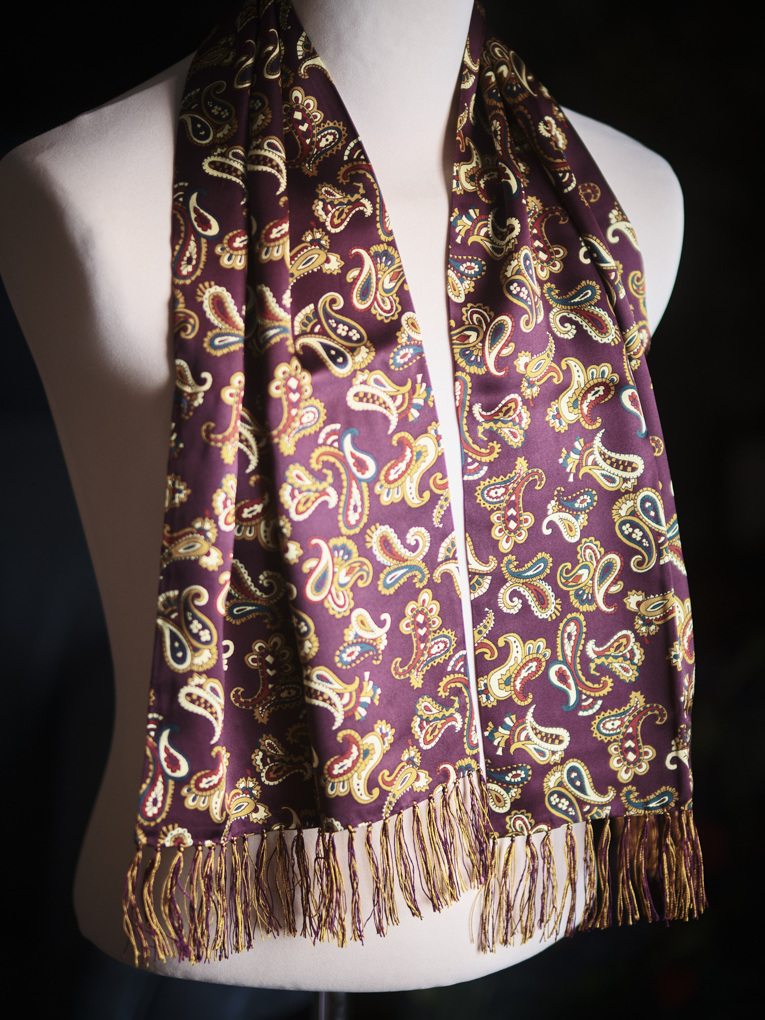 Tootal silk scarf in wine and gold with a paisley design