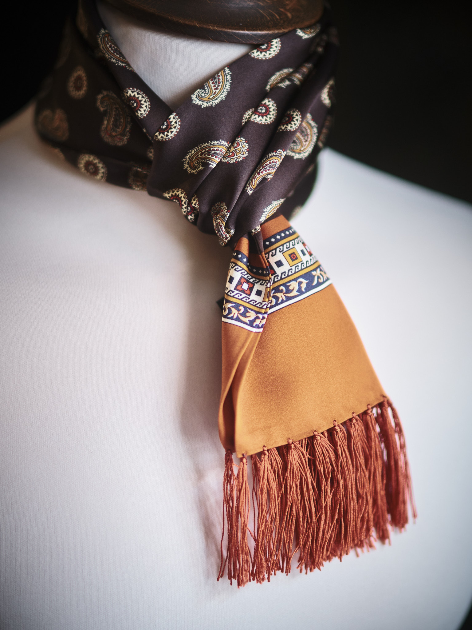 Tootal silk scarf in chocolate brown and orange with a paisley design