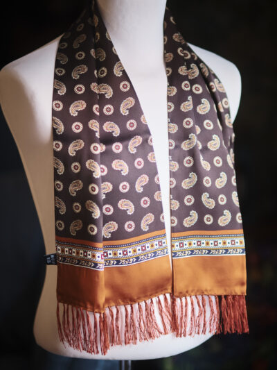 Tootal silk scarf in chocolate brown and orange with a paisley design