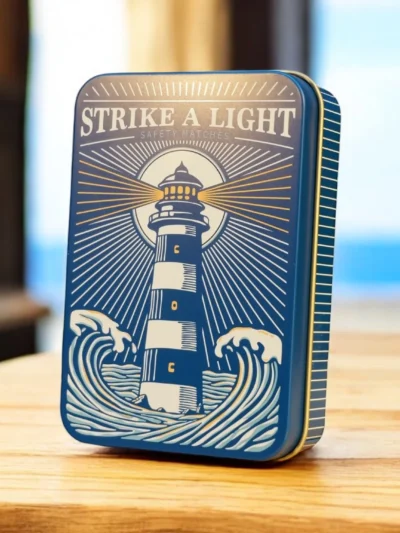 Match tin featuring a light house design