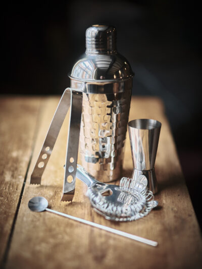 Cocktail drinks shaker set in hammered stainless steel
