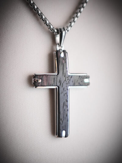 Cross pendant necklace in stainless steel and ebony wood