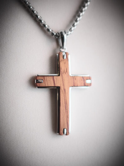 Cross pendant necklace in stainless steel and bubinga wood