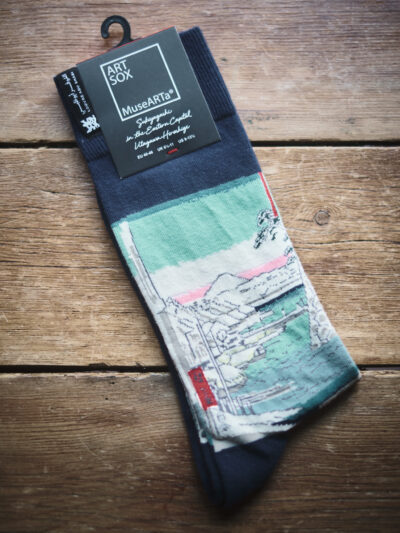 Socks featuring artwork of Utagawa Hiroshige Sukiyagashi in the Eastern Capital